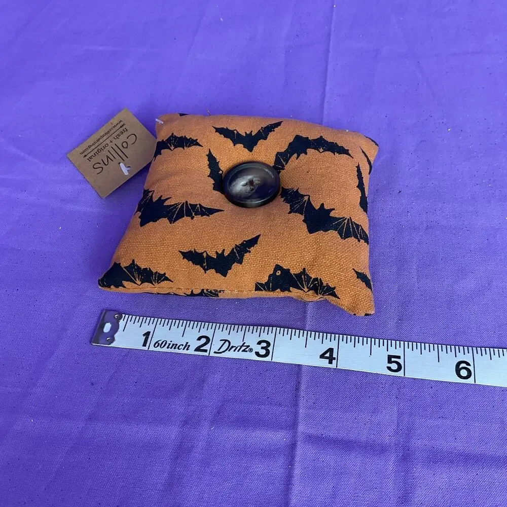 Collins Halloween Fabric Bowl Filler Pillow Orange Black Bat Print Button Accent